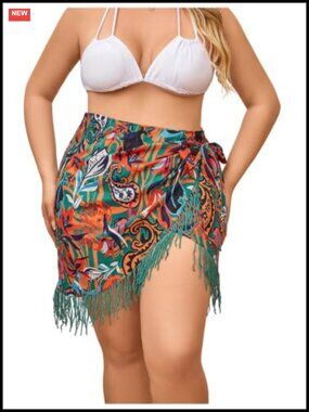 Plus Size Paisley Print Fringe Wrap Skirt Boho Beach Cover Up Tie Side Mini